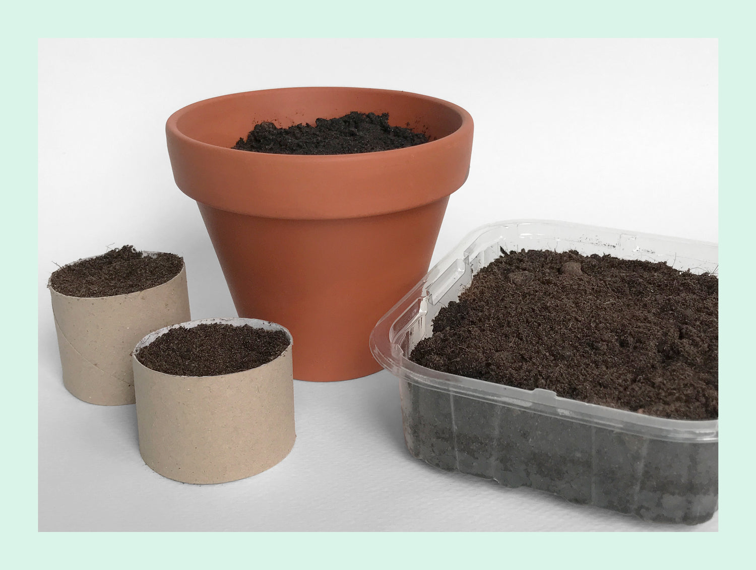 Image shows a terracotta pot and re-used plastic container and cardboard tubes filled with compost ready to plant Bloom Cards plantable Wildflower seed paper greetings cards.