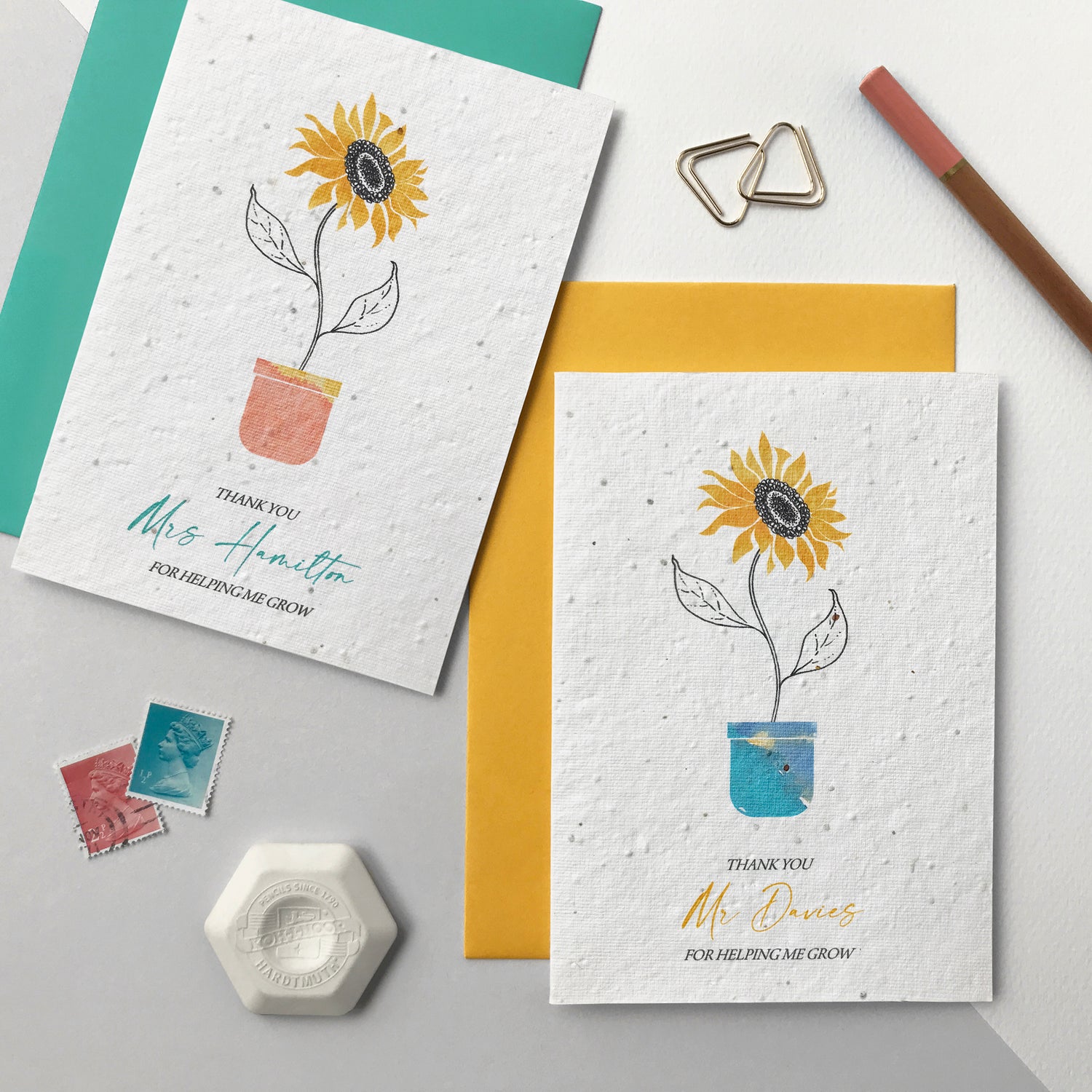Image shows two personalised plantable seed paper thank you for helping me grow cards in mint and yellow colour options.