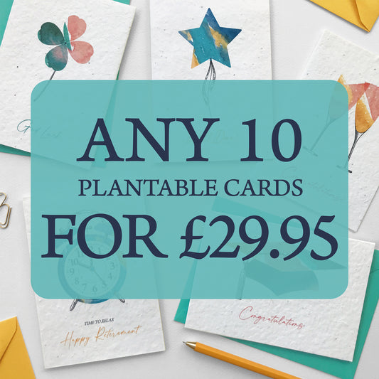 Image shows a blue label with the text 'Any 10 plantable cards for £29.95'. In the background is a photos of a range of Bloom Cards Celebration plantable Wildflower cards by Suzanne Marie Paperie. Pick and choose any 10 single cards from our Bloom Cards range and save 30%.