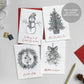 Image shows a pack of plantable seed paper Festive Illustration cards. Each pen illustrated card is hand finished with gold pencil detail and has red script style text. Snowman card reads 'Walking in a winter wonderland'. Christmas Tree card reads 'Oh Christmas Tree'. Wreath card reads 'Deck the Halls'. Mistletoe card reads 'Mistletoe and Wine'. Printed onto recycled paper embedded with seeds, simply plant the card and grow flowers for the garden! Cards are blank inside and come with recycled red envelopes.