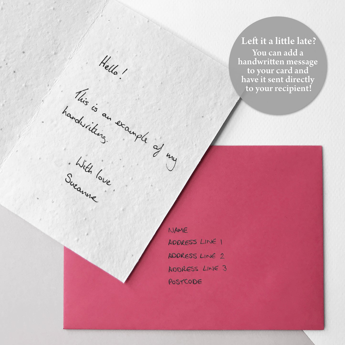 Image shows an example of my handwriting for a personalised handwritten message inside your plantable anniversary card along with a handwritten addressed magenta pink envelope. You can choose to receive your card blank inside or add a handwritten message and send it directly to your recipient at no extra cost.